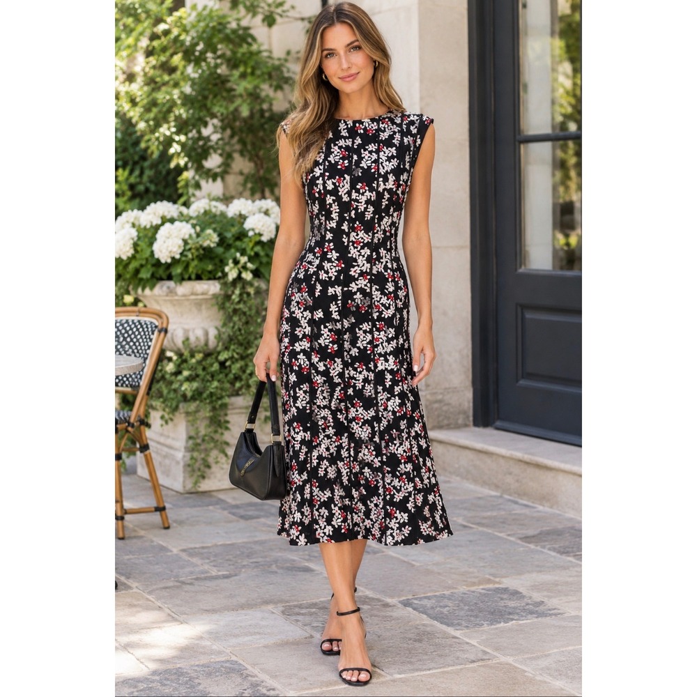 Lafayette 148 New York Black Floral Viscose Midi Dress Size 12 Sleeveless Seamed